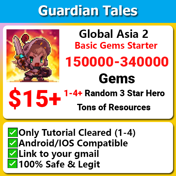 [ASIA 2] Guardian Tales 110,000-340,000 Gems Starter