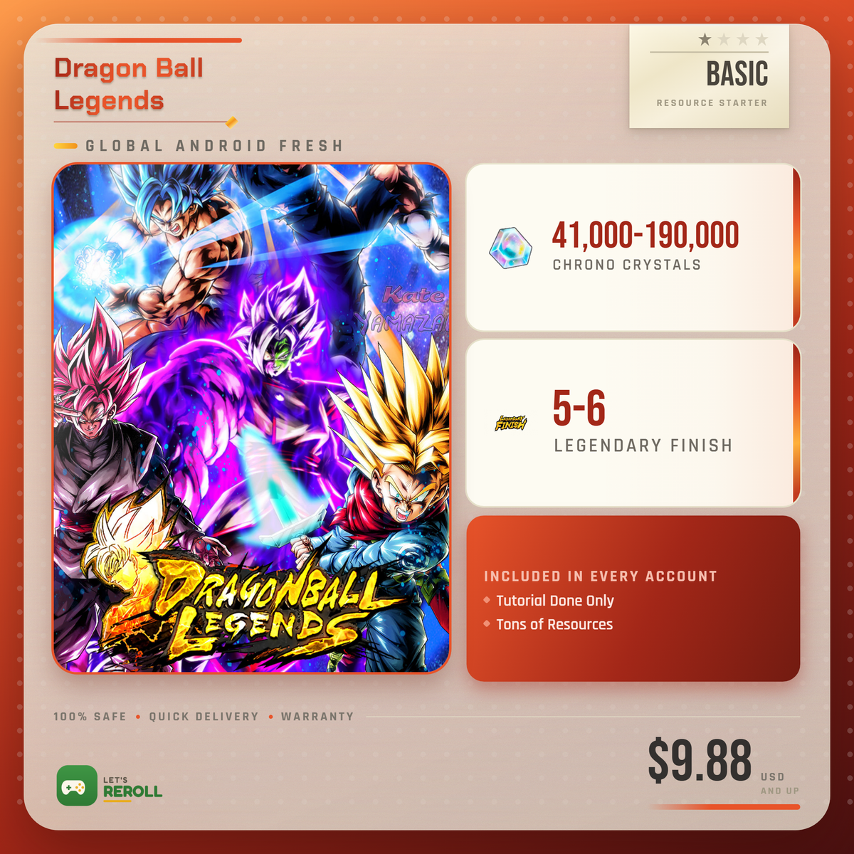[Global Android Fresh] Dragon Ball Legends Basic Resource starter - 41000-190000 Chrono Crystals 💎