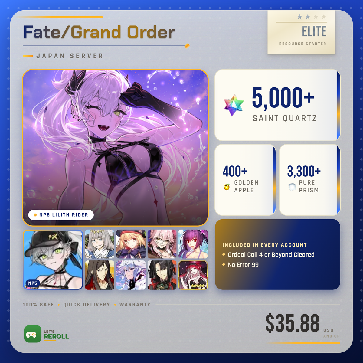 [Japan] Fate/Grand Order (FGO) NP5 Lilith Rider Mystic Resource starter - 6000+ Saint Quartz 💎