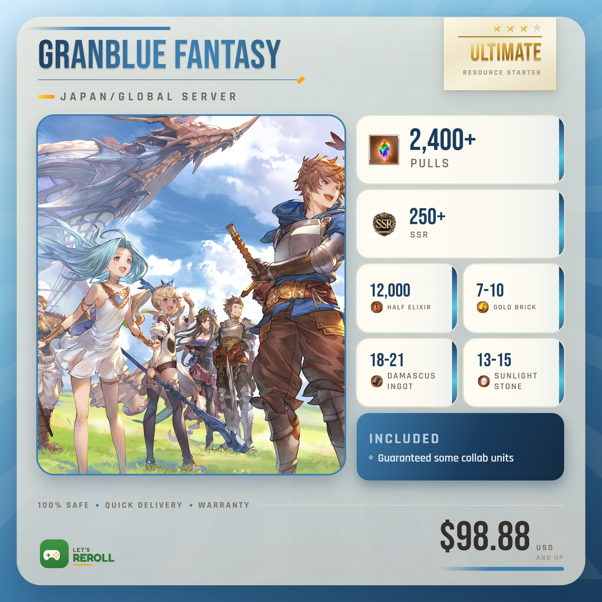 [JP/Global] Grandblue Fantasy GBF Mystic Starter 840,000 Gems 250-300+ SSR Ton of Resources (Copy)