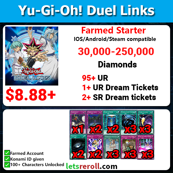 [Global] Yugioh Duel Links Farmed Starter 30000-250000+💎 100+ UR