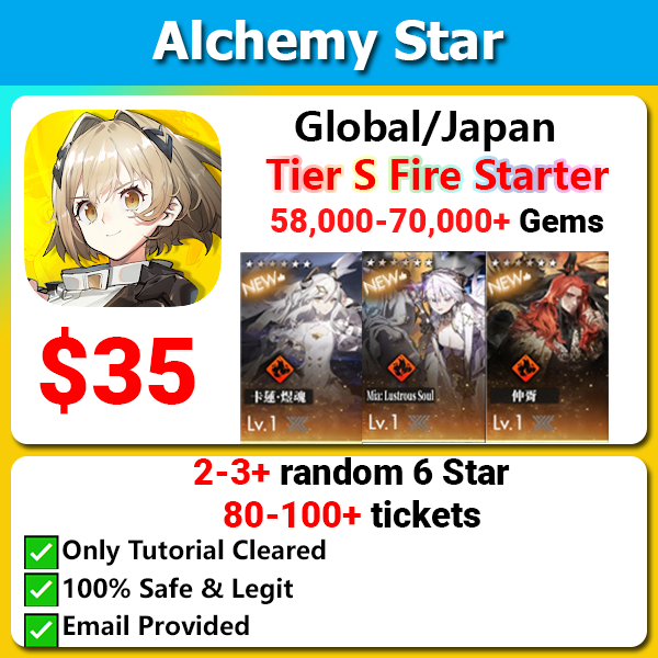 [Global/Japan] Alchemy Star Godly Fire Starter 58000+💎 with Tier S Limited Carleen (Smoldering Soul)/Mia Lustrous Soul/Zhong Xu