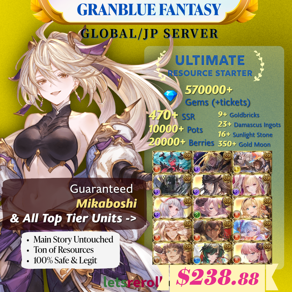 [JP/Global] Granblue Fantasy GBF Ultimate T0 Mikaboshi Starter 570,000 Gems 470+ SSR Ton of resources