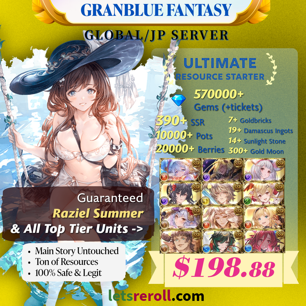 [JP/Global] Granblue Fantasy GBF Ultimate T0 Raziel Starter 2 570,000 Gems 390+ SSR Ton of resources (Copy)
