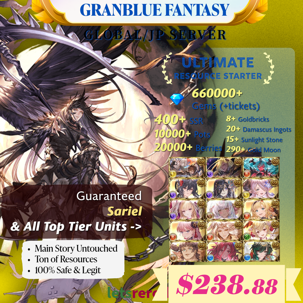 [JP/Global] Granblue Fantasy GBF Ultimate T0 Sariel Starter 660,000 Gems 400+ SSR Ton of resources