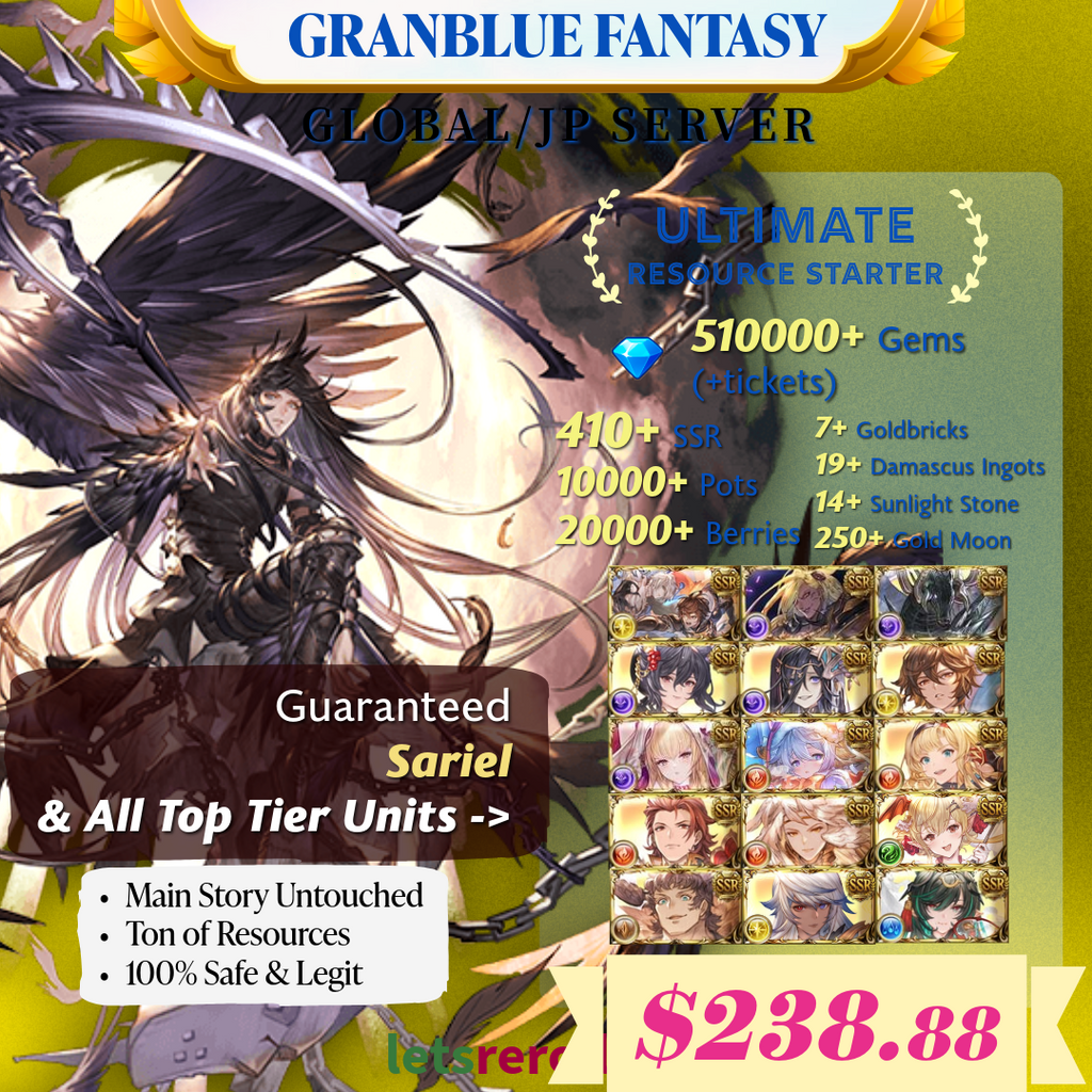 [JP/Global] Granblue Fantasy GBF Ultimate T0 Sariel Starter 510,000 Gems 415+ SSR Ton of resources
