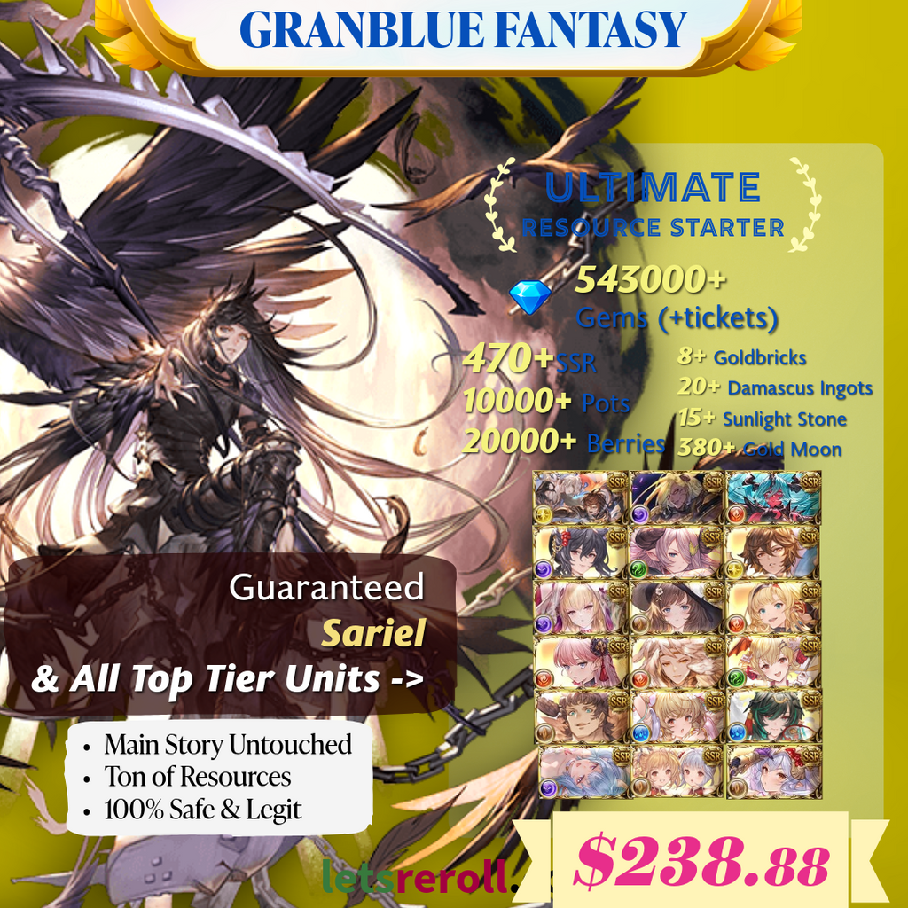 [JP/Global] Granblue Fantasy GBF Ultimate T0 Sariel Starter 543,000 Gems 4070+ SSR Ton of resources