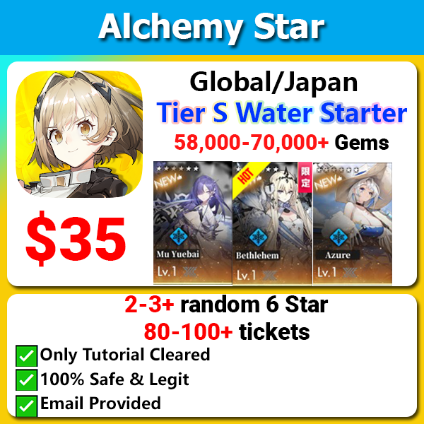 [Global/US] Alchemy Star Godly Water Starter 4 58000+💎 with Tier S Azure/Bethlehem/ Mu Yuebai