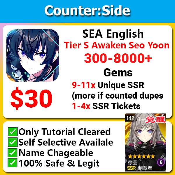 [SEA English] Counter:Side Tier S Awaken Seo Yoon Starter 9-11 unique ssr 300-8000 gems